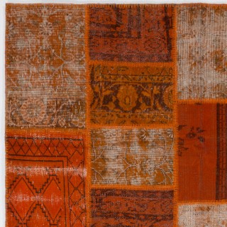 Modern Wool Patchwork Rug in Shades of Orange | Hand-Knotted Turkish Carpet for Living Room and Dining Room Modern Wool Patchwork Rug in Shades of Orange | Hand-Knotted Turkish Carpet for Living Room and Dining Room