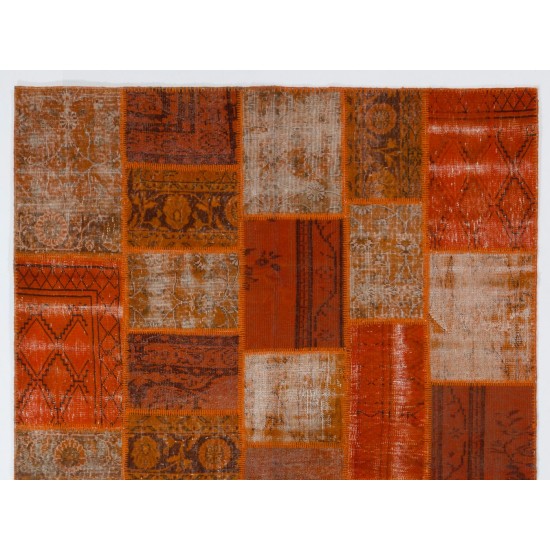 Handmade Patchwork Rug in Orange Colors, Decorative Turkish Wool Carpet for Modern Interiors