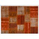 Handmade Patchwork Rug in Orange Colors, Decorative Turkish Wool Carpet for Modern Interiors