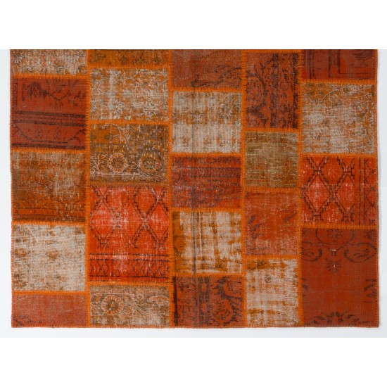 Handmade Patchwork Rug in Orange Colors, Decorative Turkish Wool Carpet for Modern Interiors