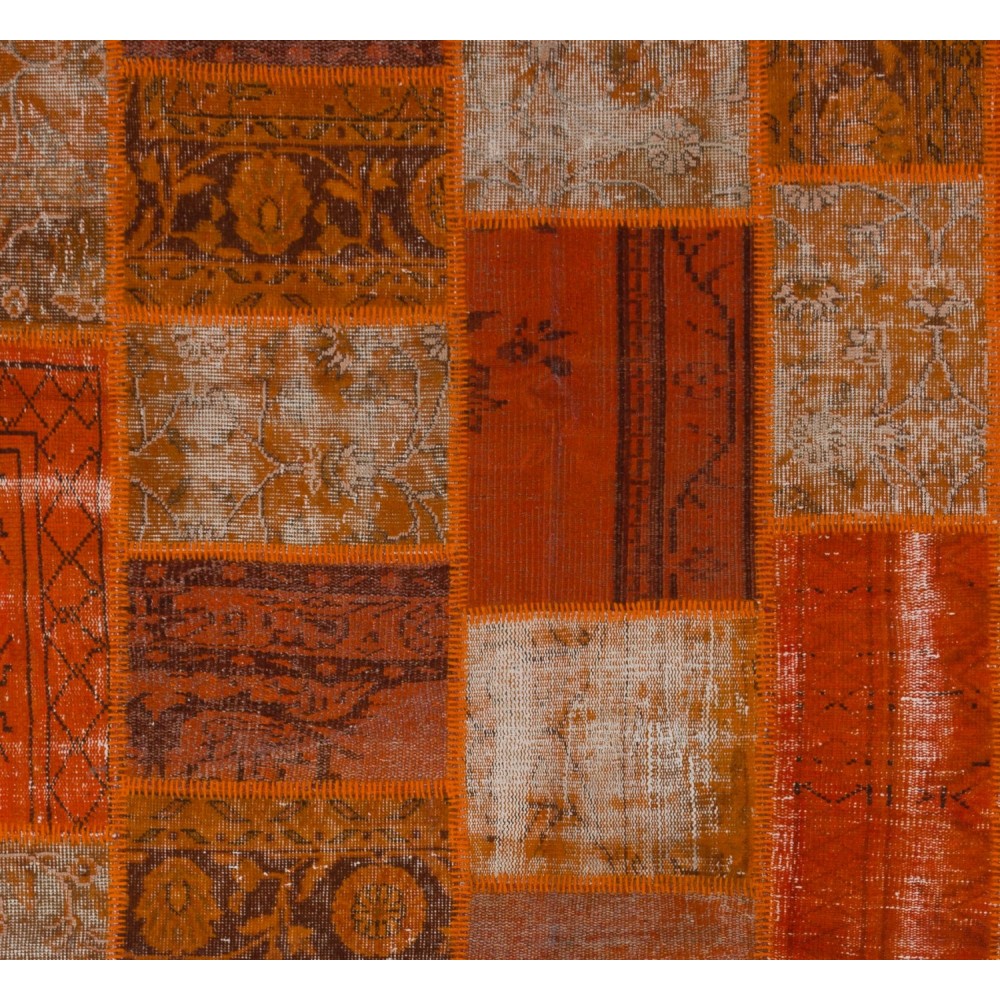 Modern Handmade Turkish Wool Patchwork Rug in Shades of Orange