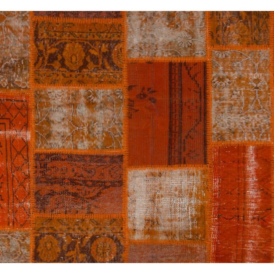 Handmade Patchwork Rug in Orange Colors, Decorative Turkish Wool Carpet for Modern Interiors