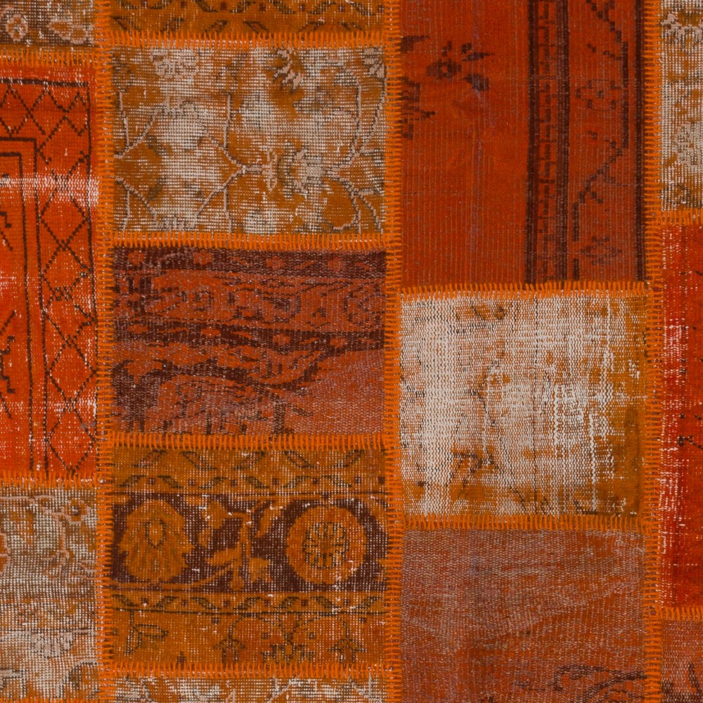 Modern Wool Patchwork Rug in Shades of Orange | Hand-Knotted Turkish Carpet for Living Room and Dining Room Modern Wool Patchwork Rug in Shades of Orange | Hand-Knotted Turkish Carpet for Living Room and Dining Room
