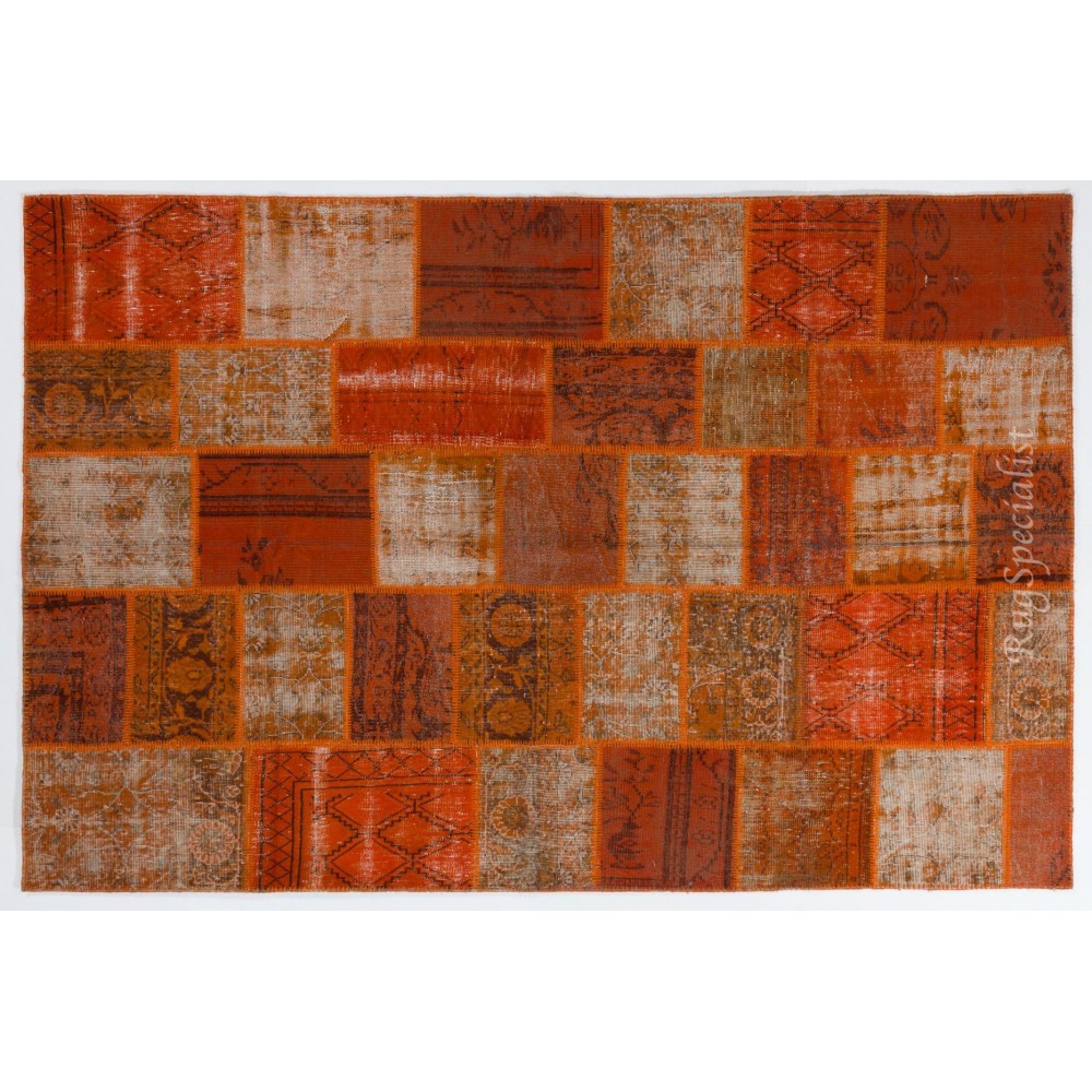 Modern Handmade Turkish Wool Patchwork Rug in Shades of Orange