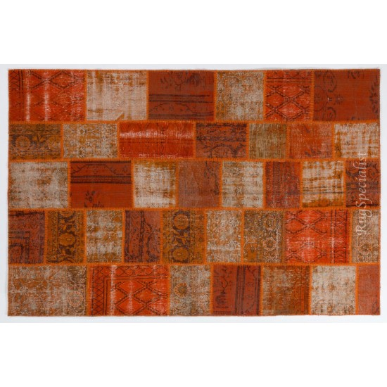 Handmade Patchwork Rug in Orange Colors, Decorative Turkish Wool Carpet for Modern Interiors