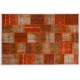 Handmade Patchwork Rug in Orange Colors, Decorative Turkish Wool Carpet for Modern Interiors