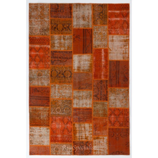 Handmade Patchwork Rug in Orange Colors, Decorative Turkish Wool Carpet for Modern Interiors