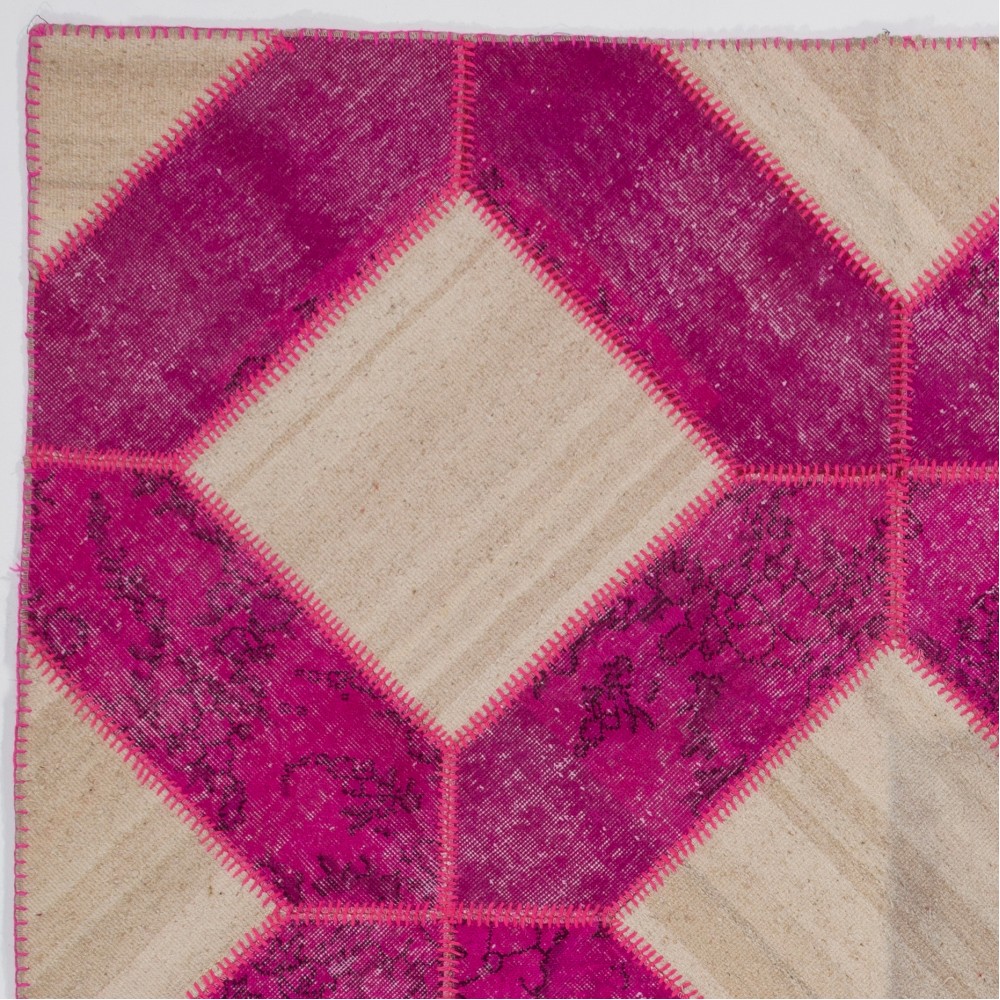 Modern Fuchsia Pink and Beige Patchwork Rug | Hand-Knotted Turkish Wool Carpet for Living Room, Bedroom and Nursery