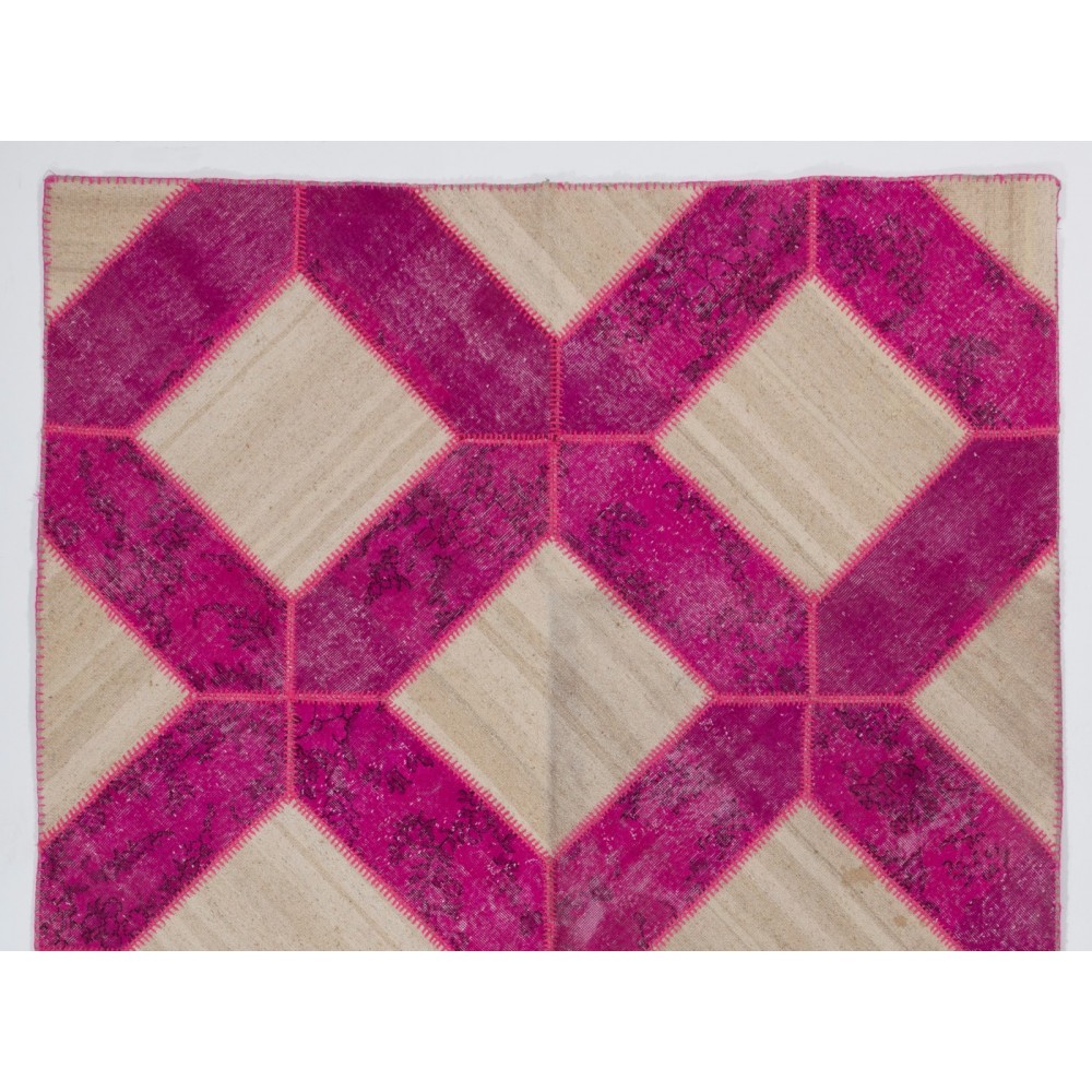 Handmade Patchwork Rug in Fuchsia Pink & Cream Colors, Modern Unique Design Turkish Carpet