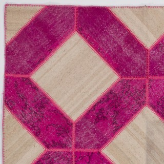 Modern Fuchsia Pink and Beige Patchwork Rug | Hand-Knotted Turkish Wool Carpet for Living Room, Bedroom and Nursery Modern Fuchsia Pink and Beige Patchwork Rug | Hand-Knotted Turkish Wool Carpet for Living Room, Bedroom and Nursery