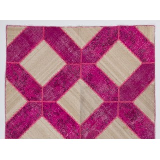 Handmade Patchwork Rug in Fuchsia Pink & Cream Colors, Modern Unique Design Turkish Carpet Handmade Patchwork Rug in Fuchsia Pink & Cream Colors, Modern Unique Design Turkish Carpet