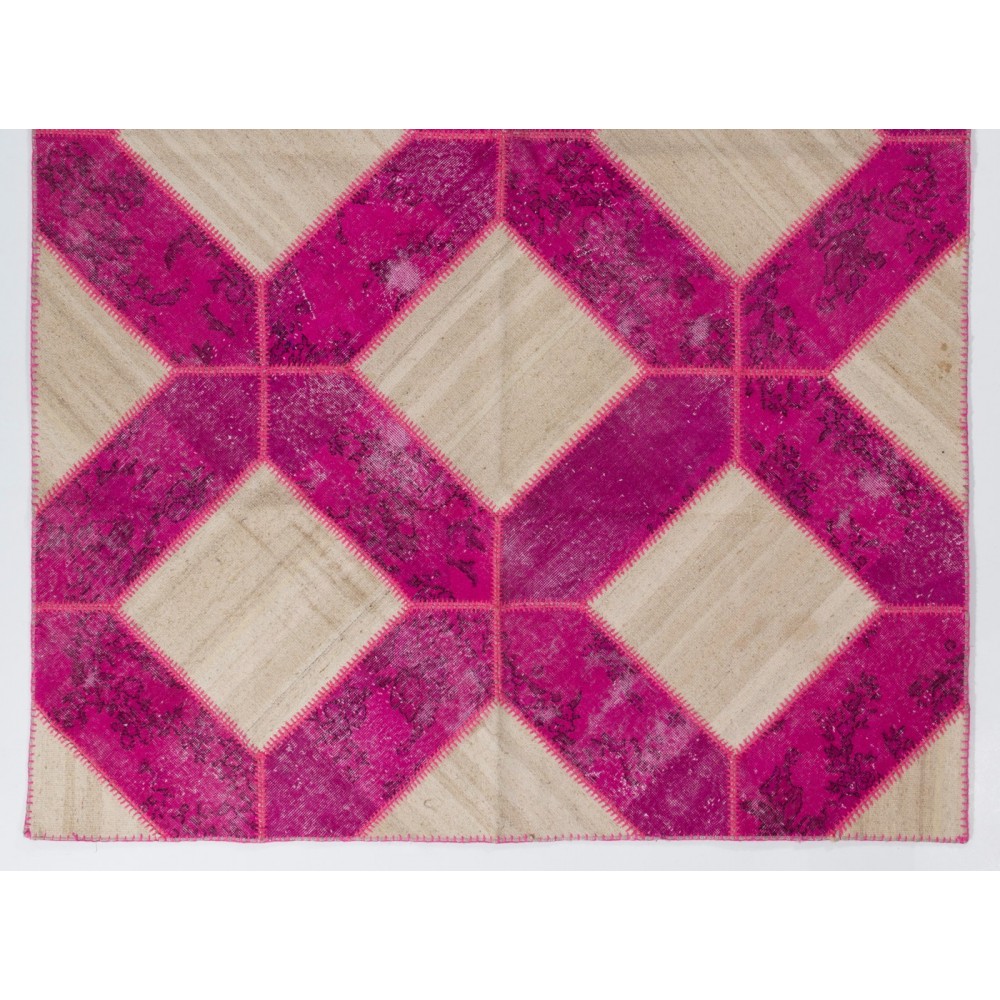 Handmade Patchwork Rug in Fuchsia Pink & Cream Colors, Modern Unique Design Turkish Carpet