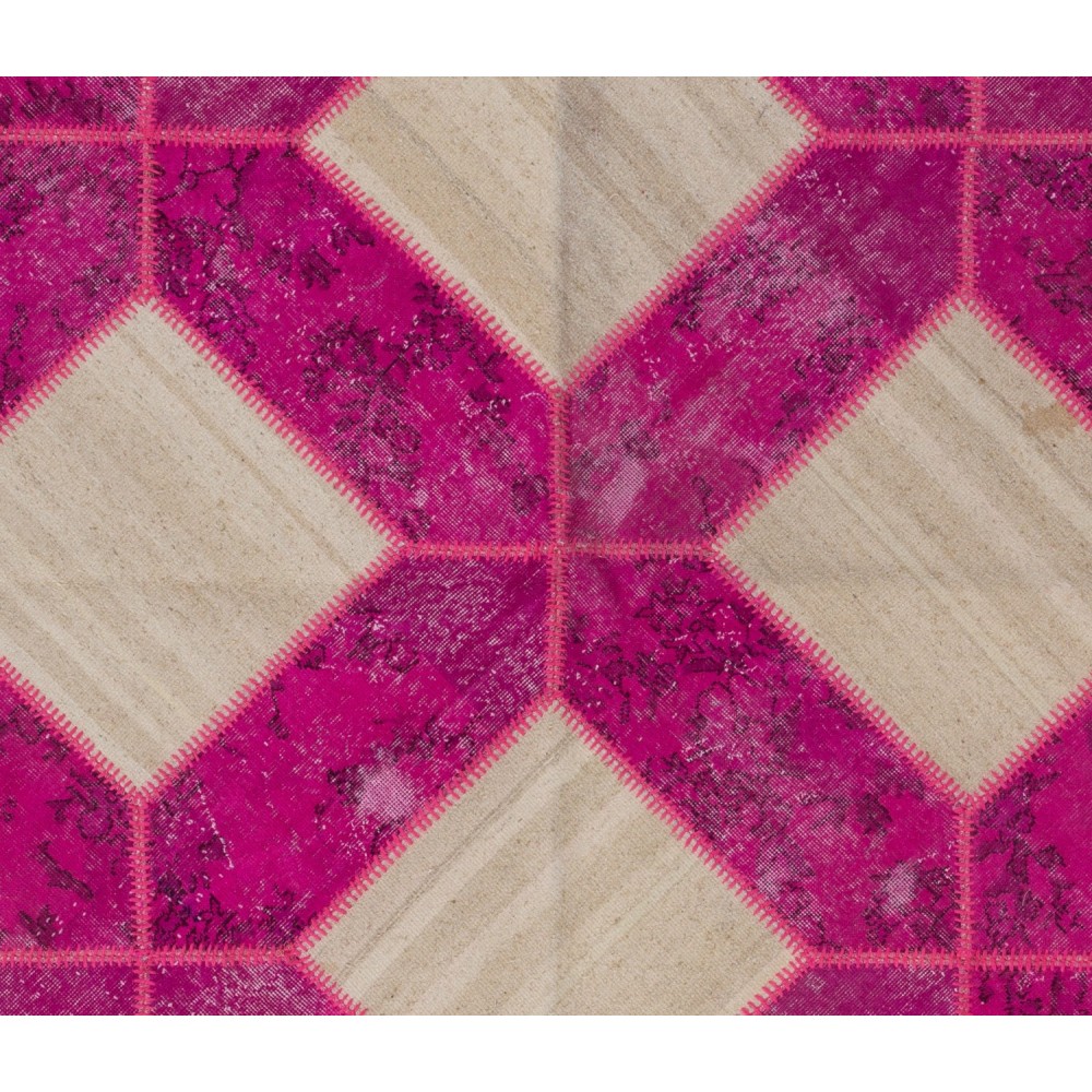 Handmade Patchwork Rug in Fuchsia Pink & Cream Colors, Modern Unique Design Turkish Carpet