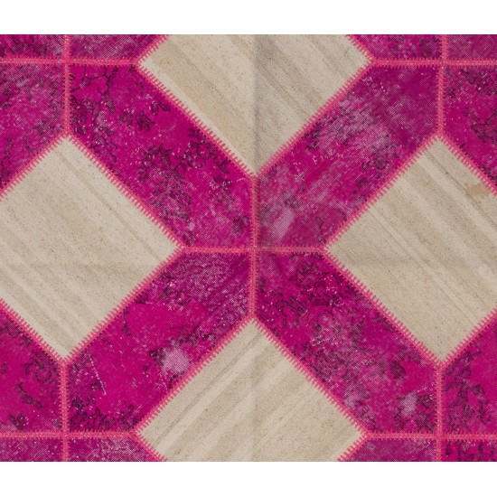 Handmade Patchwork Rug in Fuchsia Pink & Beige Colors, Modern Turkish Carpet for Home Decor. Custom Unique Design Floor Covering