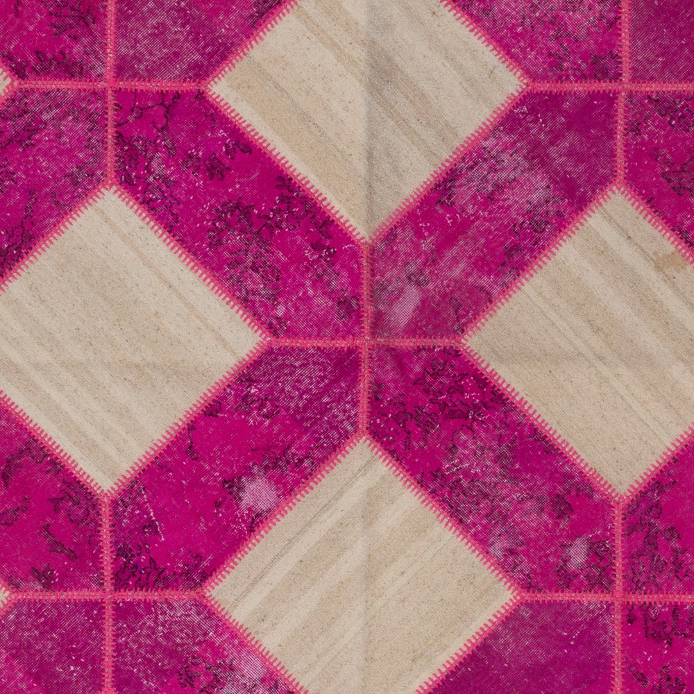 Modern Fuchsia Pink and Beige Patchwork Rug | Hand-Knotted Turkish Wool Carpet for Living Room, Bedroom and Nursery