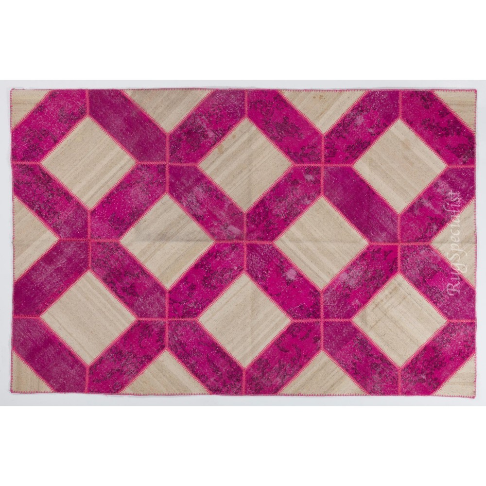 Handmade Patchwork Rug in Fuchsia Pink & Cream Colors, Modern Unique Design Turkish Carpet