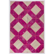 Handmade Patchwork Rug in Fuchsia Pink & Cream Colors, Modern Unique Design Turkish Carpet