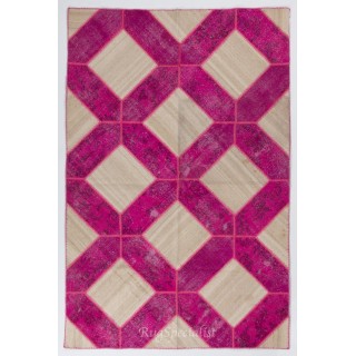 Handmade Patchwork Rug in Fuchsia Pink & Cream Colors, Modern Unique Design Turkish Carpet