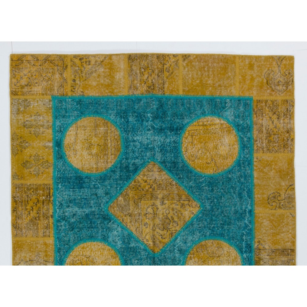 Contemporary Yellow and Teal Blue Colors Patchwork Rug, Handmade Turkish Carpet