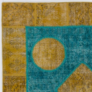 Modern Mustard Yellow and Teal Blue Patchwork Rug | Hand-Knotted Turkish Wool Carpet for Living Room, Bedroom and Dining Room Modern Mustard Yellow and Teal Blue Patchwork Rug | Hand-Knotted Turkish Wool Carpet for Living Room, Bedroom and Dining Room