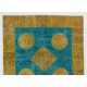Contemporary Yellow and Teal Blue Colors Patchwork Rug, Handmade Turkish Carpet