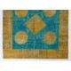 Contemporary Yellow and Teal Blue Colors Patchwork Rug, Handmade Turkish Carpet