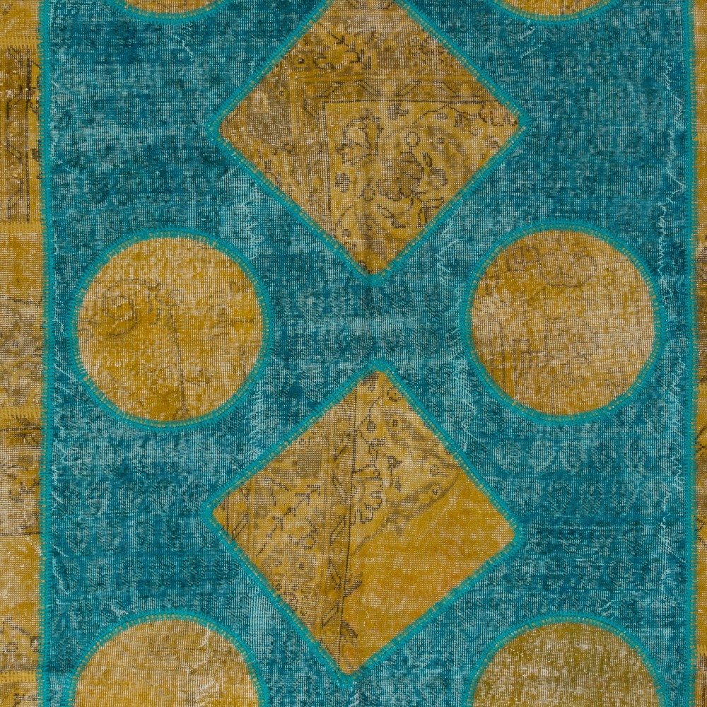 Modern Mustard Yellow and Teal Blue Patchwork Rug | Hand-Knotted Turkish Wool Carpet for Living Room, Bedroom and Dining Room Modern Mustard Yellow and Teal Blue Patchwork Rug | Hand-Knotted Turkish Wool Carpet for Living Room, Bedroom and Dining Room