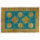 Contemporary Yellow and Teal Blue Colors Patchwork Rug, Handmade Turkish Carpet