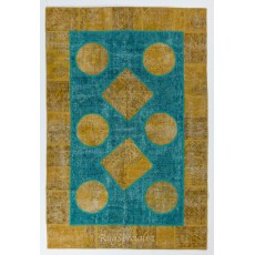Contemporary Yellow and Teal Blue Colors Patchwork Rug, Handmade Turkish Carpet