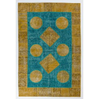 Contemporary Yellow and Teal Blue Colors Patchwork Rug, Handmade Turkish Carpet
