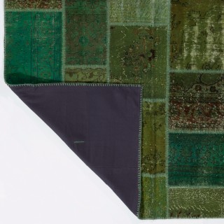 Modern Patchwork Rug in Shades of Emerald and Olive Green | Hand-Knotted Turkish Wool Carpet for Living Room, Bedroom and Home Office