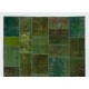 Modern Turkish Patchwork Rug in Shades of Green. Handmade from Re-Dyed Vintage Carpets