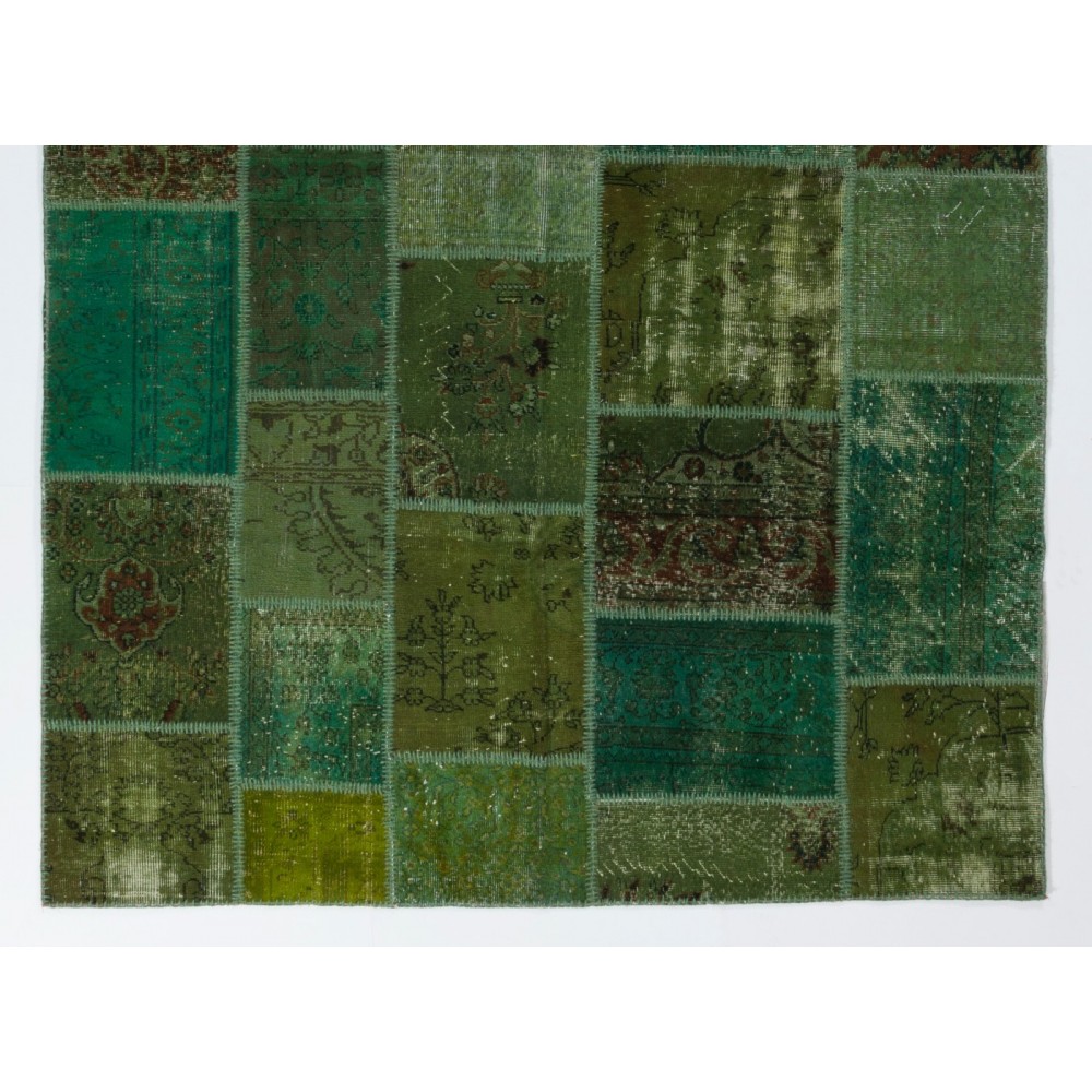 Modern Turkish Patchwork Rug in Shades of Green. Handmade from Re-Dyed Vintage Carpets