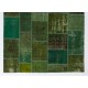 Modern Turkish Patchwork Rug in Shades of Green. Handmade from Re-Dyed Vintage Carpets