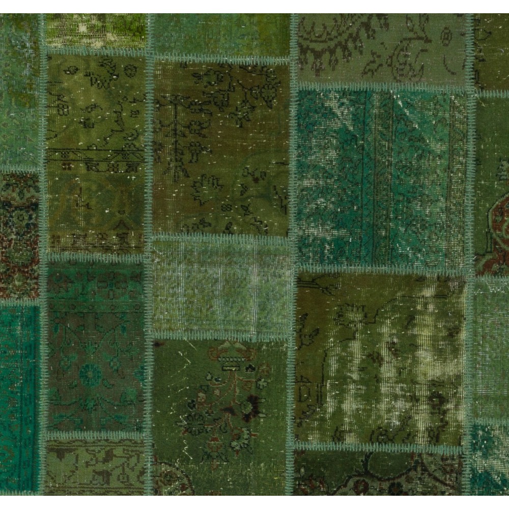 Modern Turkish Patchwork Rug in Shades of Green. Handmade from Re-Dyed Vintage Carpets