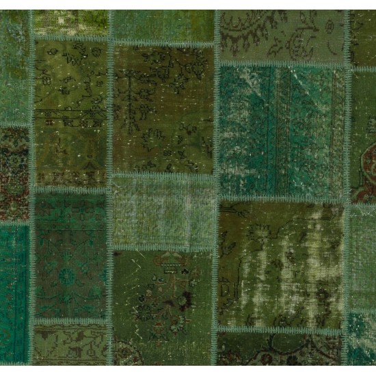 Green Color Handmade Patchwork Rug Made from Over-Dyed Vintage Carpets