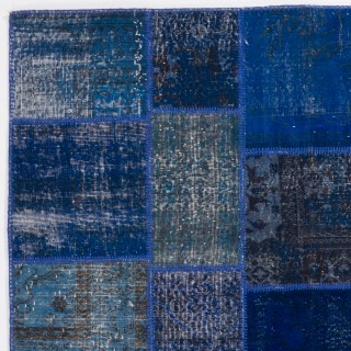 Modern Navy and Cobalt Blue Patchwork Rug | Hand-Knotted Turkish Wool Carpet for Living Room, Bedroom and Dining Room