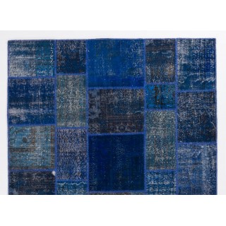 Blue Color Handmade Patchwork Rug Made from Over-Dyed Vintage Carpets Blue Color Handmade Patchwork Rug Made from Over-Dyed Vintage Carpets