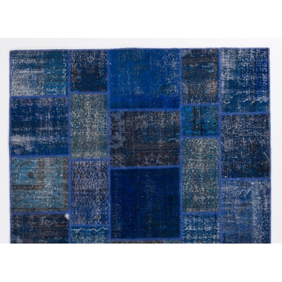Blue Color Handmade Patchwork Rug Made from Over-Dyed Vintage Carpets Blue Color Handmade Patchwork Rug Made from Over-Dyed Vintage Carpets