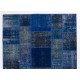 Blue Color Handmade Patchwork Rug Made from Over-Dyed Vintage Carpets