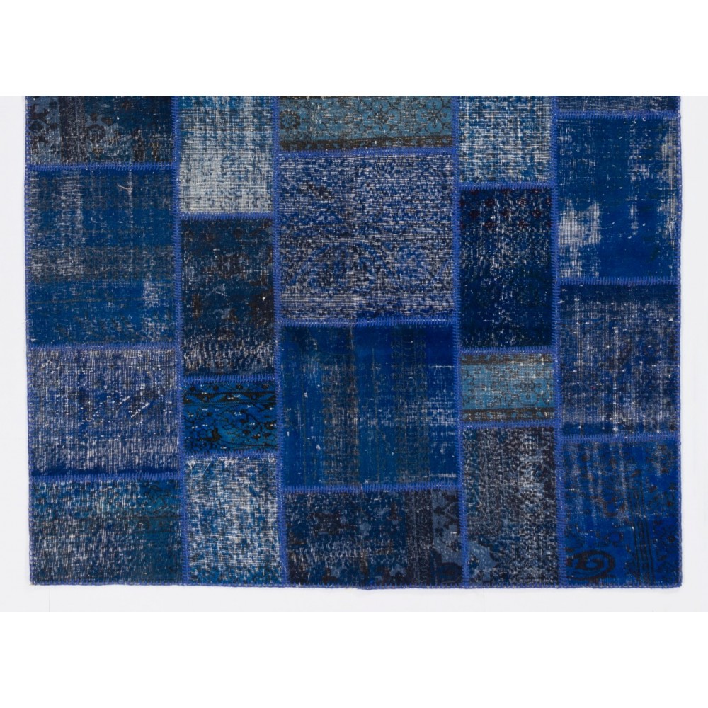 Blue Color Handmade Patchwork Rug Made from Over-Dyed Vintage Carpets
