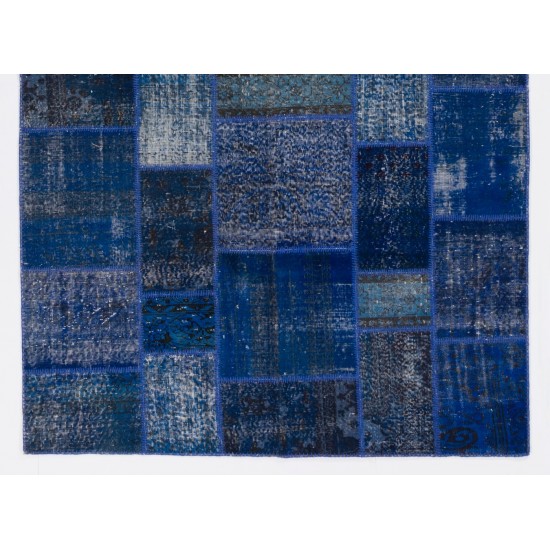 Blue Color Handmade Patchwork Rug Made from Over-Dyed Vintage Carpets