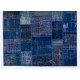 Blue Color Handmade Patchwork Rug Made from Over-Dyed Vintage Carpets