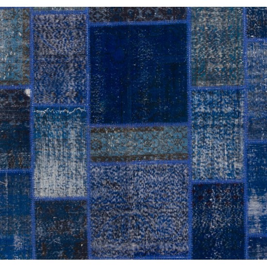 Blue Color Handmade Patchwork Rug Made from Over-Dyed Vintage Carpets