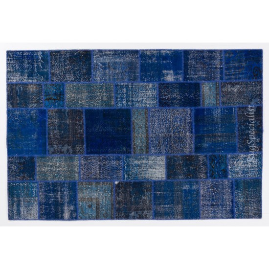 Blue Color Handmade Patchwork Rug Made from Over-Dyed Vintage Carpets