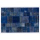 Blue Color Handmade Patchwork Rug Made from Over-Dyed Vintage Carpets