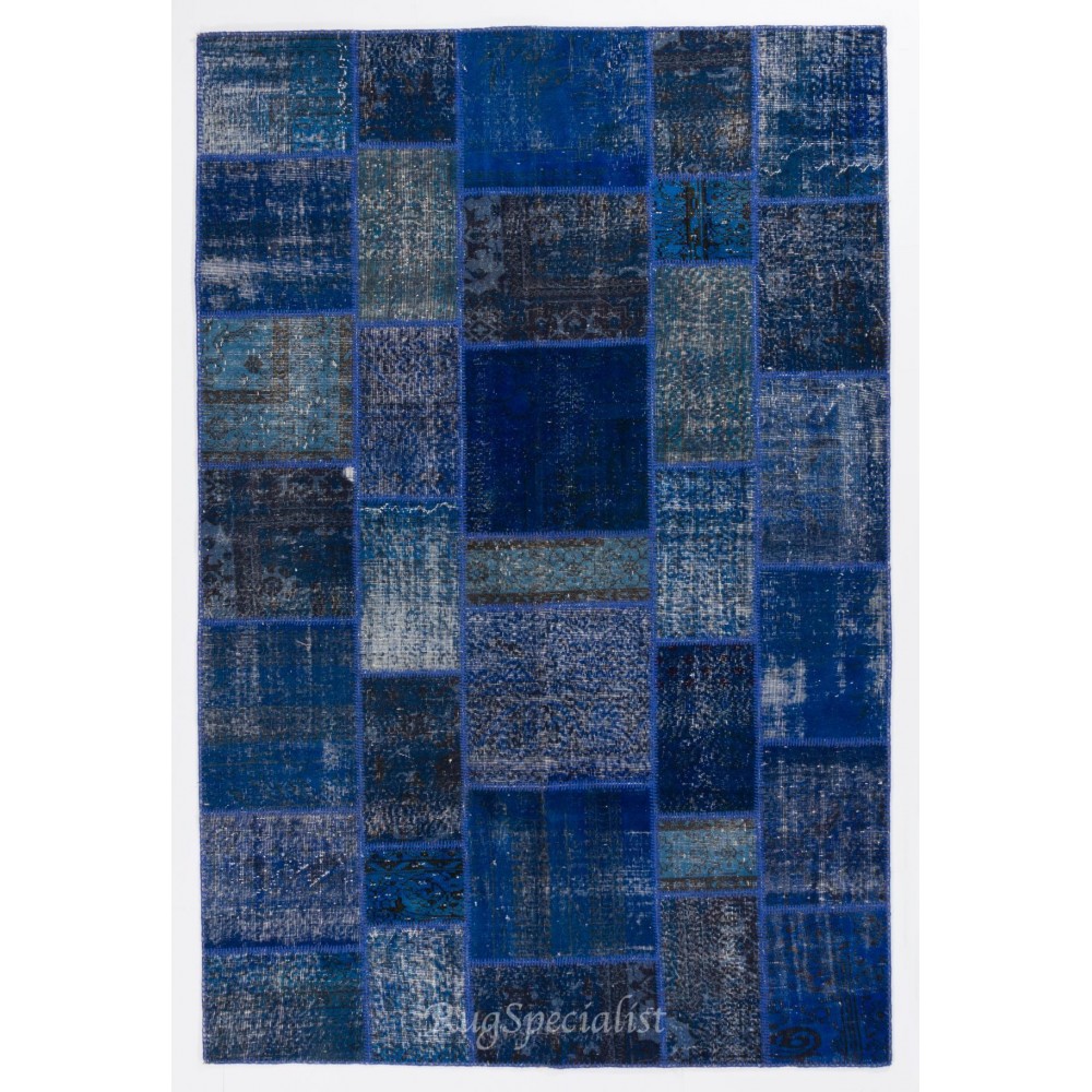 Blue Color Handmade Patchwork Rug Made from Over-Dyed Vintage Carpets
