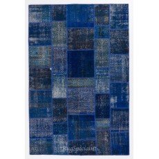 Blue Color Handmade Patchwork Rug Made from Over-Dyed Vintage Carpets