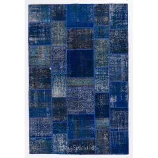 Blue Color Handmade Patchwork Rug Made from Over-Dyed Vintage Carpets