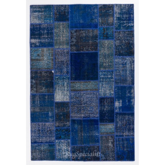 Blue Color Handmade Patchwork Rug Made from Over-Dyed Vintage Carpets